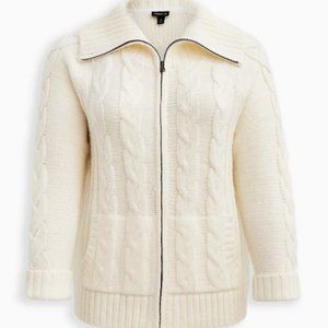 TORRID CHUNKY CABLE ZIP UP SHAWL SWEATER JACKET - IVORY 2x